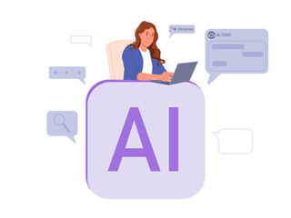 A young woman working on a laptop at her desk, surrounded by AI chat bubbles, communication, and content generation icons. She is in a modern office setting with notebooks and books on the desk, symbo