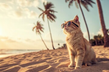 Charming feline enjoying a sunny beach day, wearing sunglasses and basking in the glow of golden hour light and palm trees Generative AI