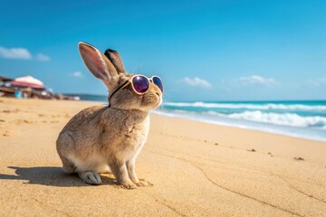 Cute rabbit wearing sunglasses relaxes on the sunny beach, enjoying the sea breeze and vibrant blue sky during a delightful summer day Generative AI