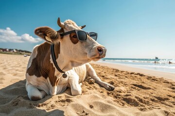 Cow lounging on the beach wearing sunglasses under a bright sky while waves crash in the background during a sunny afternoon Generative AI
