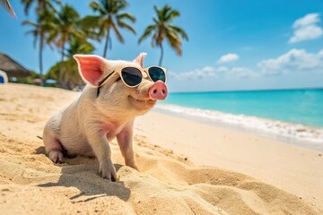 Charming pig rests on sandy beach wearing stylish sunglasses under bright blue skies Generative AI