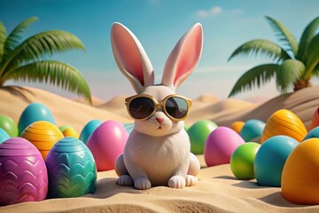 Whimsical rabbit enjoys a sunny day surrounded by colorful easter eggs on a sandy beach Generative AI