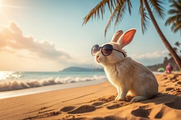 Relaxing rabbit enjoys the sunset on a tropical beach while wearing stylish sunglasses and soaking in the peaceful atmosphere Generative AI