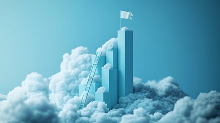 Surreal scene of a ladder leading to a flag on a pillar surrounded by clouds