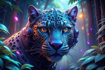 A colorful cybernetic leopard gazes thoughtfully in a mystical forest during twilight surrounded by glowing flora Generative AI