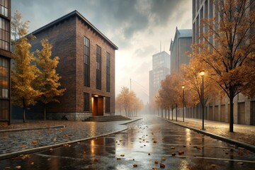 Misty urban street adorned with autumn leaves, reflecting on rain-soaked pavement under a cloudy sky Generative AI