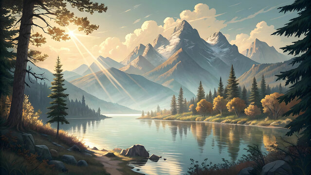 a lac in around muntain with sun shine