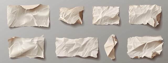 The illustration set features a torn and wrinkled brown craft paper, accompanied by ripped cardboard strips, a crumpled vintage sheet, and a realistic 3D blank memo note mockup, all designed for