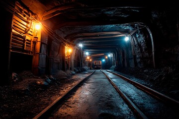 Obraz premium Inside an underground mine, orange and blue lights cast shadows on the damp walls. Narrow tracks run straight ahead, leading to a distant area shrouded in darkness