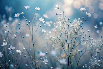 Delicate blossoms and shimmering orbs dance together in a serene garden at dawn, bathed in soft blue light Generative AI
