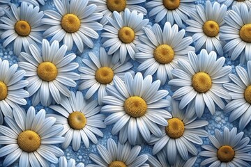 Beautiful white daisies blossom on a soft blue background, creating a serene and cheerful atmosphere in late spring Generative AI