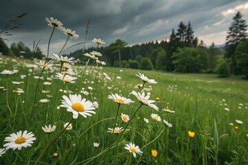 Vibrant daisies bloom in a lush field under a dramatic sky at dusk, creating a serene natural landscape in summer Generative AI