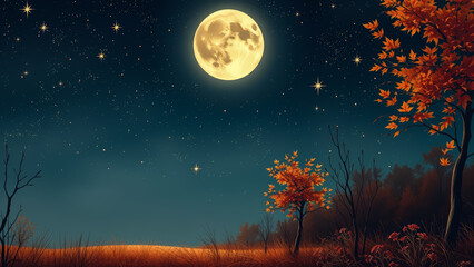 Naklejka premium Full Moon Night Landscape: Autumn Trees, Starry Sky, Golden Field - Serene Nature Scene, Peaceful Evening, Atmospheric Wallpaper, Tranquil Scenery