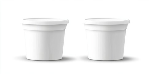 The set includes 3D illustrations of modern white plastic containers, both standing and lying, designed to store ice cream or yogurt, providing a realistic mockup template for packaging frozen dairy