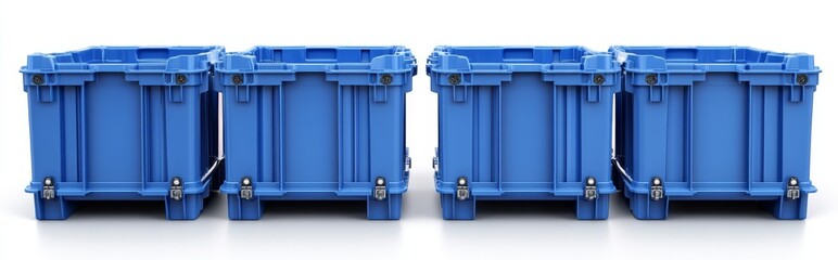The storage and transportation of groceries is facilitated by a reusable blue plastic crate box, as depicted in a realistic 3D illustration set that includes an empty market or farm warehouse and