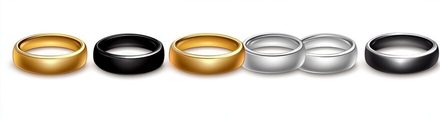 A modern realistic illustration depicts golden and silver rings isolated on white, embodying the romantic symbol of eternal love and unity as luxury platinum and gold metal jewelry, perfect as an