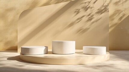 Three white podiums for minimalist product display on beige backdrop  
