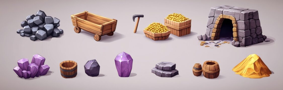 The mining game elements set comprises gold, purple, and pink crystal clusters, a cave entrance with wooden support, a caged yellow bird, a pickaxe, and a mine cart, designed as colorful cartoon
