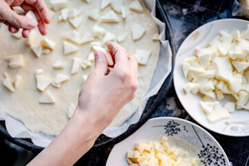 Close-up scene of female hands. Adding a mixture of three cheeses - mozzarella, parmesan and...