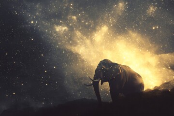 An elephant silhouette standing against a background of stars and a fiery nebula. The scene evokes a sense of wonder and the vastness of the universe. The image can be used to represent strength.