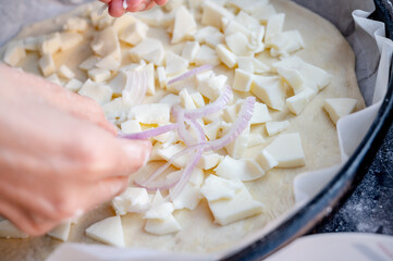 Close-up scene of female hands. Adding onion to dough on kitchen countertop. Making homemade pizza with three types of cheese – female hands in action.