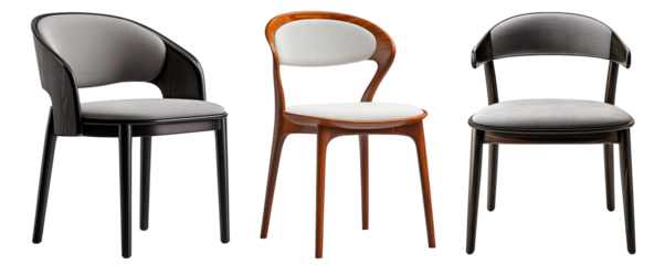 Set of modern wooden dining chairs with soft fabric seats and curved backrests, isolated on transparent background.