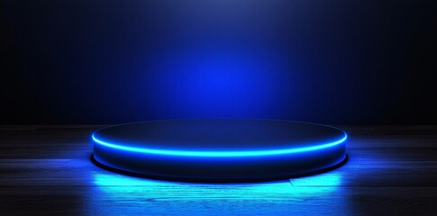 Modern illustration of a futuristic teleport with neon blue lighting, presented as a sci-fi game backdrop and virtual reality stage platform with a hi-tech hologram portal and light beam on a black