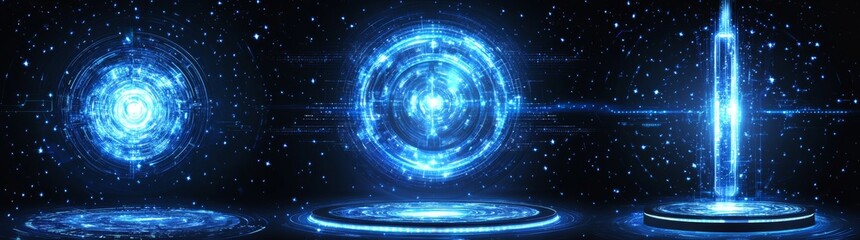 Fototapeta premium Platforms with a futuristic hologram design, incorporating blue neon lights and ascending sparkling particles from round bases, are used in conjunction with sci-fi pedestals that have beams and