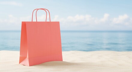 Coral pink shopping bag mockup placed on sandy beach with ocean view background and bright sky, ideal for branding with copy space
