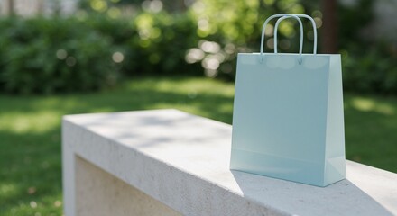 Shopping bag mockup on marble bench outdoors with bright natural light and copy space for branding or design display