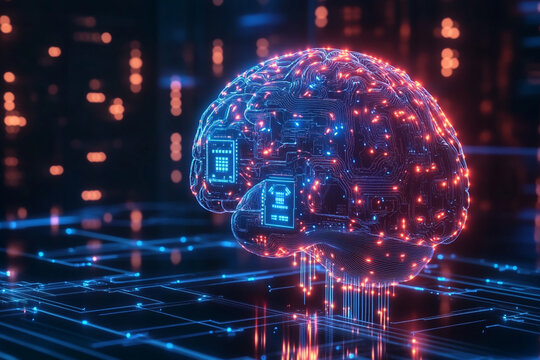 Neon brain with implanted microchips, connected to the AI network via cables