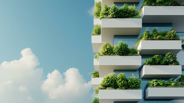 Corporate Green Action Strategies. Modern building with green terraces against a bright blue sky, showcasing sustainable architecture and urban design.