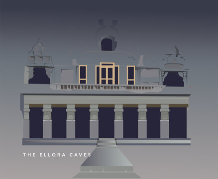 The Ellora Caves  - A UNESCO World Heritage Site in Maharashtra, India - Stock Illustration