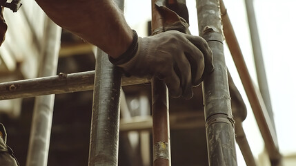 Construction Worker's Hand on Scaffolding