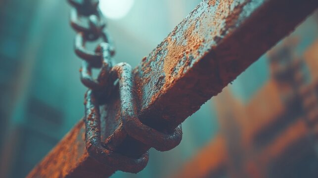 Rusty metal beam secured by chain, close-up view
