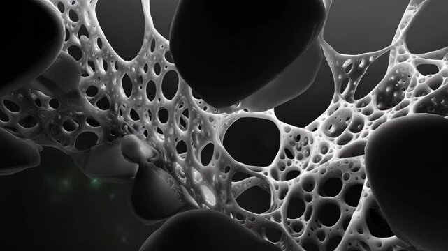 Detailed close-up of cells and structures showcasing intricate patterns and textures in monochrome tones during a scientific study