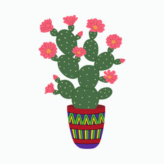 Opuntia cactus in flower pot. Prickly pear with pink flowers. Decorative blooming succulent, exotic home plant. Hand drawn vector illustration isolated on white background, modern flat cartoon style.