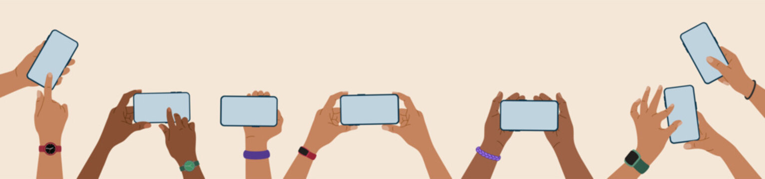 Hands holding mobile phones with empty blank screen. People using smartphone, scrolling, tapping, touching fingers, taking photos. Hand drawn vector illustration, modern flat cartoon style.