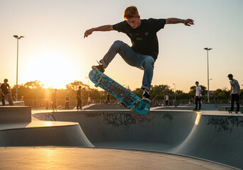 Young skateboarding enthusiast practicing jumps in a skate park during golden hour.
