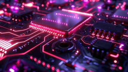 Obraz premium Close up of a circuit board with neon lights. Macro photography of motherboard or microchip or electrical circuit with gradient pink and purple glowing neon light. Digital artwork for design. AIG53.