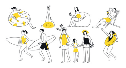 Doodle set summer vibe. People, woman, man, child, vacation, sea. Vector isolated illustration