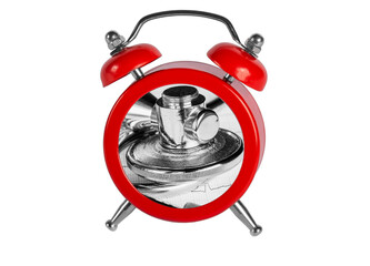 Stethoscope and alarm clock on white background.