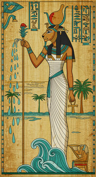 A Papyrus depicting Tefnut, the Egyptian goddess of moisture, rain and dew. Sister and wife of Shu (air), often depicted as a lioness