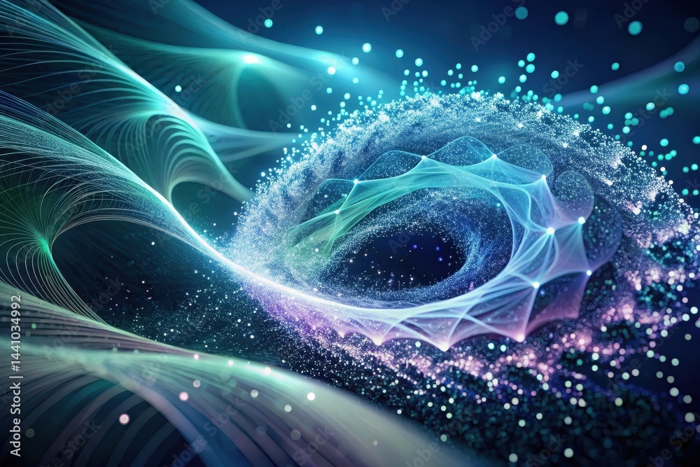 Poster whirling patterns of light and color create a mesmerizing abstract experience in a dreamlike digital