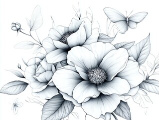 Fototapeta premium Elegant black and white illustration of blooming flowers, showcasing delicate petals and intricate details.