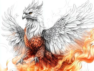 Obraz premium A majestic mythical bird, the phoenix, rises with fiery wings and a regal presence, symbolizing rebirth and strength.