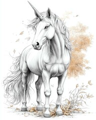 Naklejka premium A majestic unicorn standing gracefully amidst swirling autumn leaves.