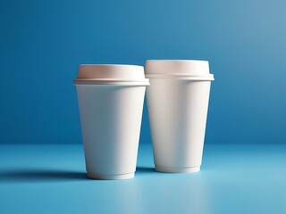 Blank White Disposable Coffee Cup on Blue Background with Copy Space for Mockup Design