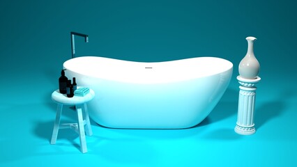 Illustration of white bathroom on blue background. White bathtub, care products and white vase on pedestal.