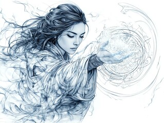 Fototapeta premium A mystical character conjuring energy, surrounded by swirling elements, embodying grace and power in a stunning illustration.
